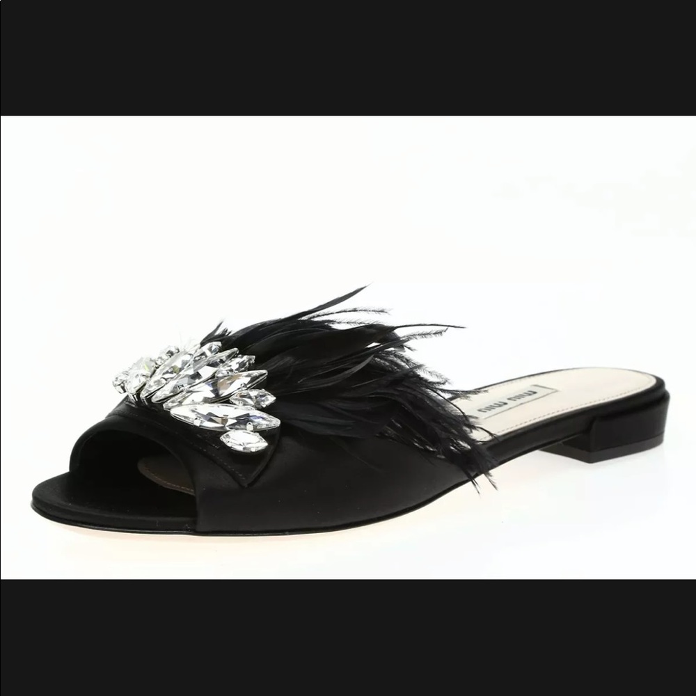 NWOT Miu Miu - Satin Feather Crystal Slip-Ons (US 8)